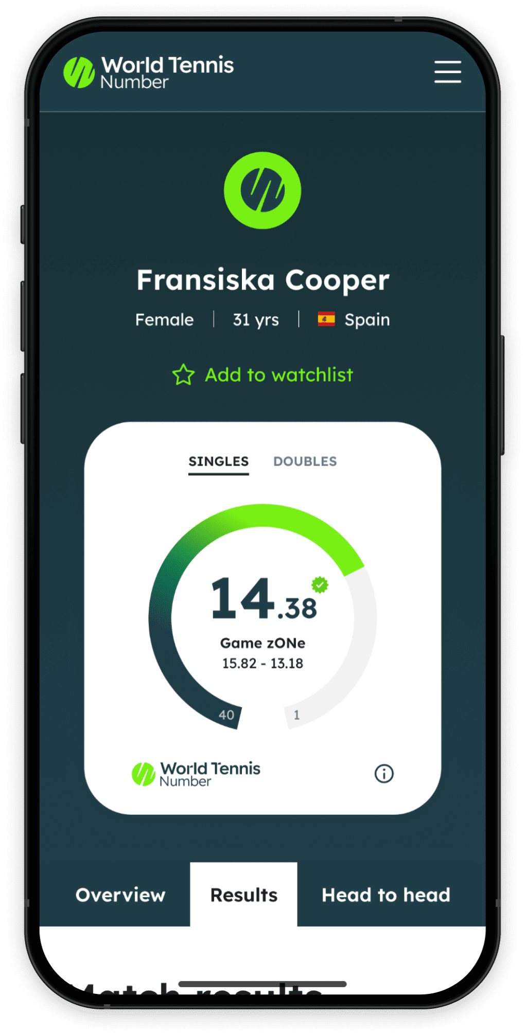 World Tennis Number scale on mobile phone